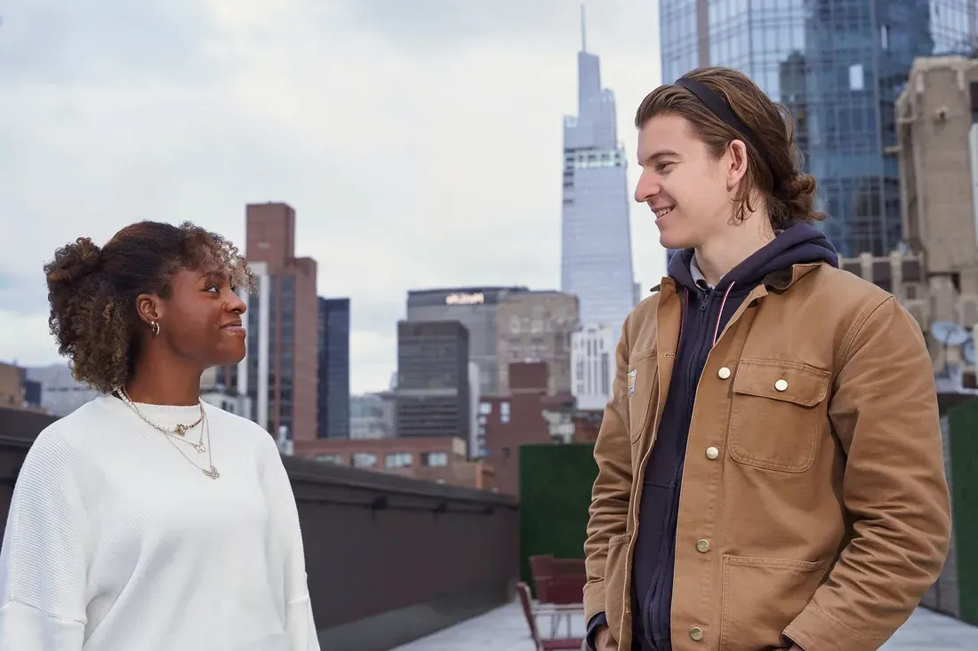 Students talking in New York City.